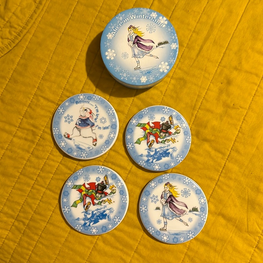 Alice in Wonderland coasters and teapot, winter edition
